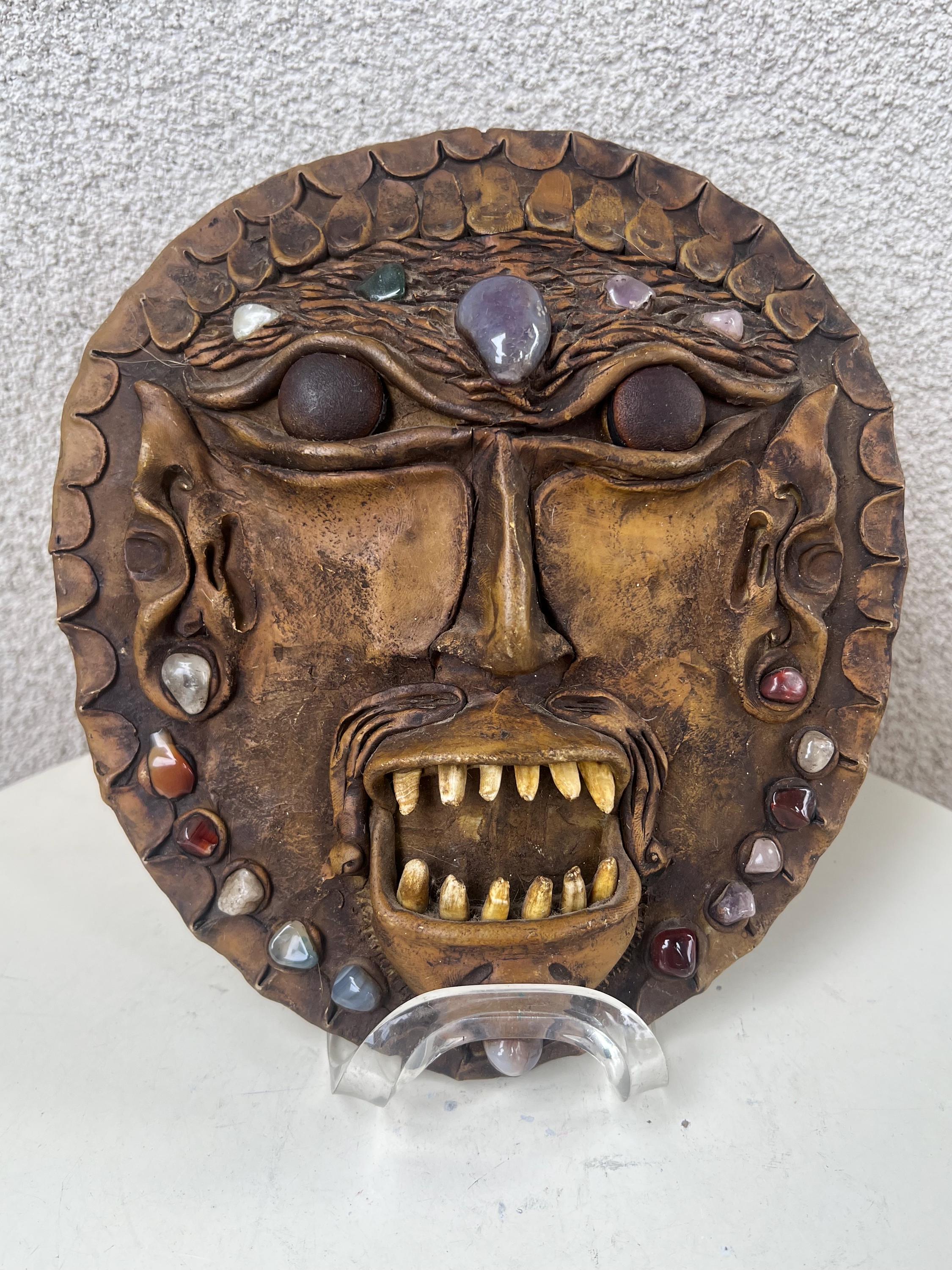 Vintage Brazilian Tribal Primitive Mask With Stones Textiles 10” X