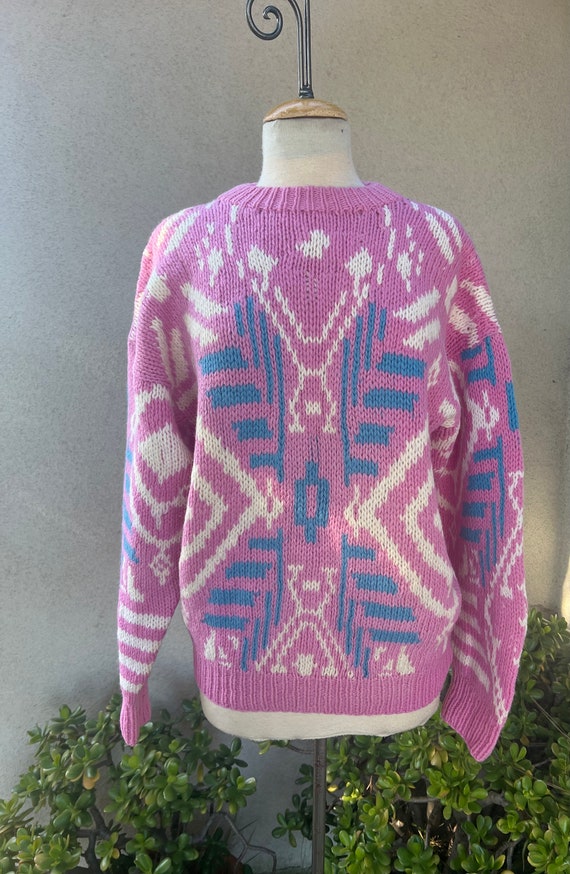 Vintage 80s wool knit sweater pink blue white pul… - image 6
