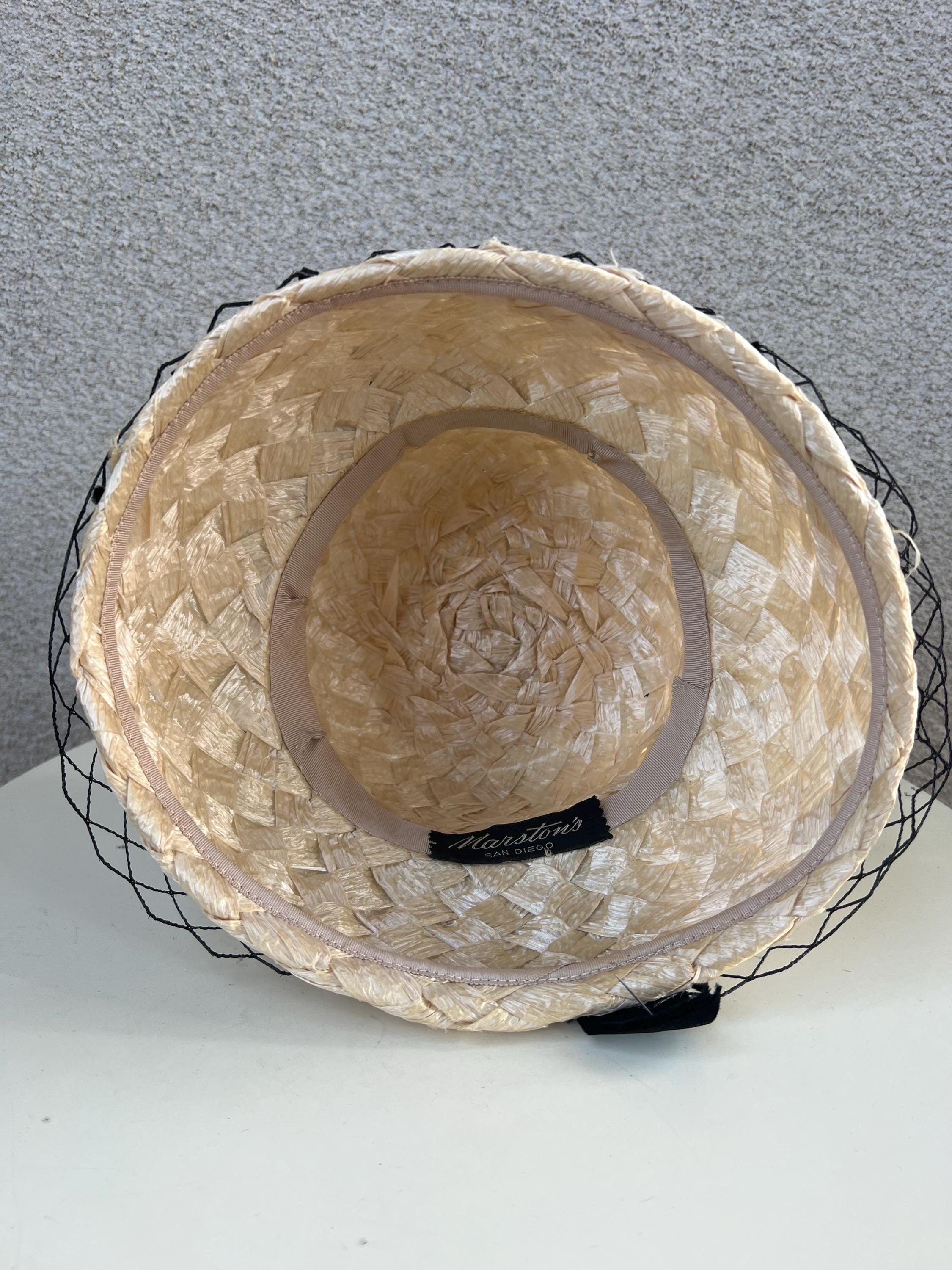 Vintage Ivory Faux Straw Bucket Hat: Black Velvet Netting 