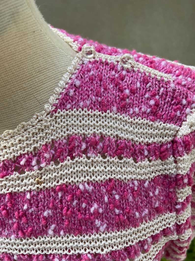 Vintage vibrate pinks stripe white handmade crochet knit top S/M image 7