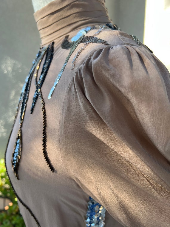Vintage silk sequins sheath dress taupe silver bl… - image 8