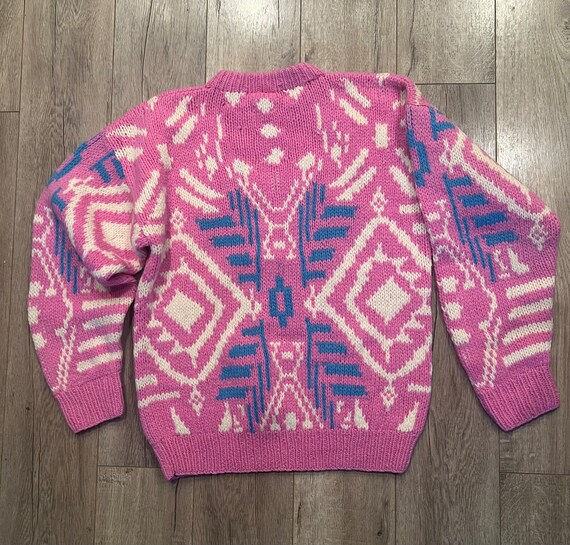 Vintage 80s wool knit sweater pink blue white pul… - image 10