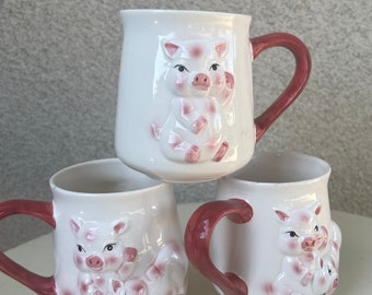 SALE Vintage white pink ceramic 3D mugs pigs theme signed KMC