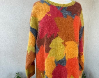 Sale Vintage oversized pullover sweater fall leaves colors Sz M by Anne Klein II