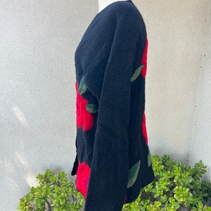 Vintage Susan Bristol boho wool cardigan black with red flowers Sz S image 7