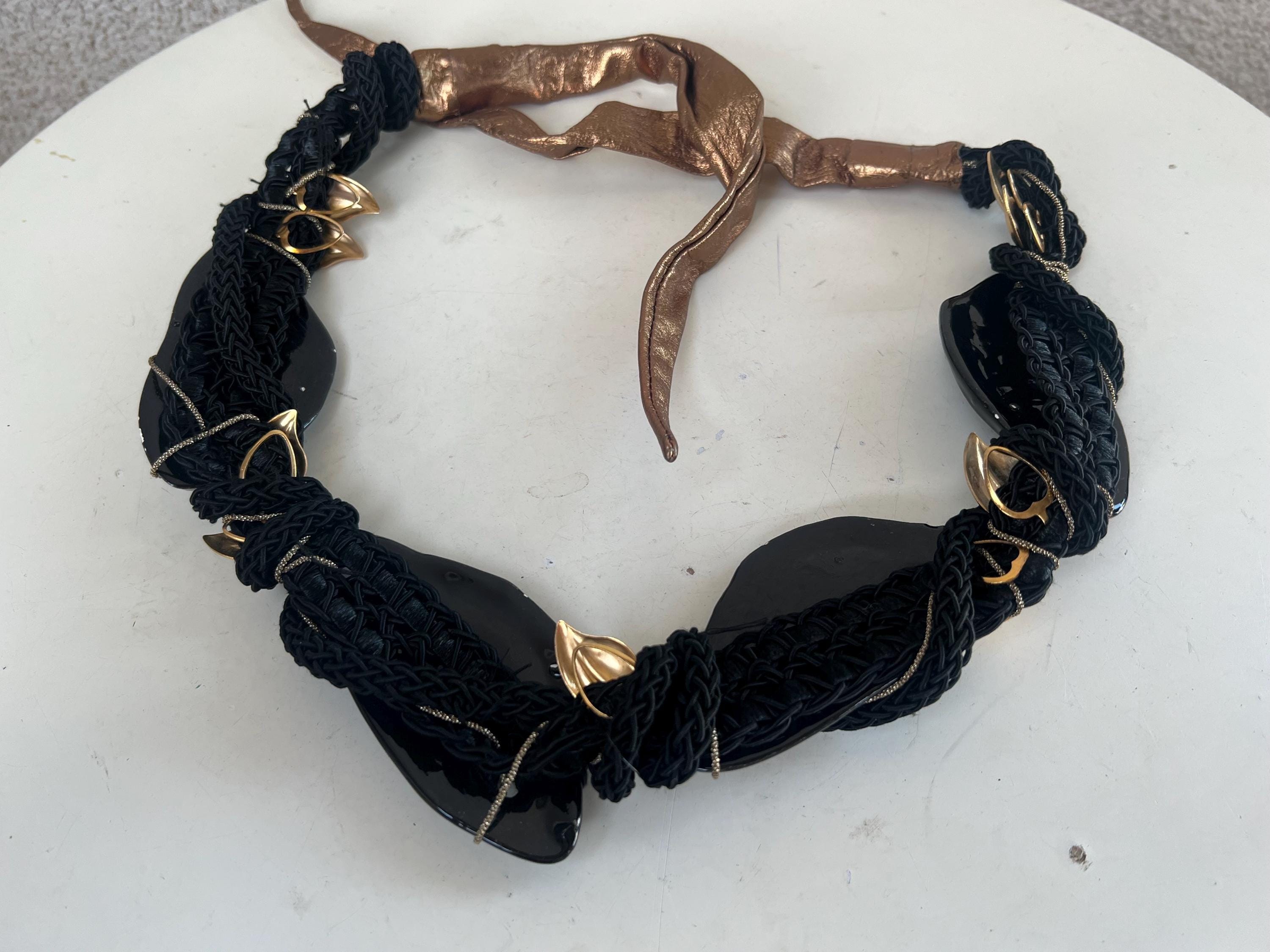 Vintage glam belt black ceramic shells theme gold trim leather ties fits 26-38” Vintage Glam Belt: Black Ceramic Shells, Gold Trim, Bronze  main image 3