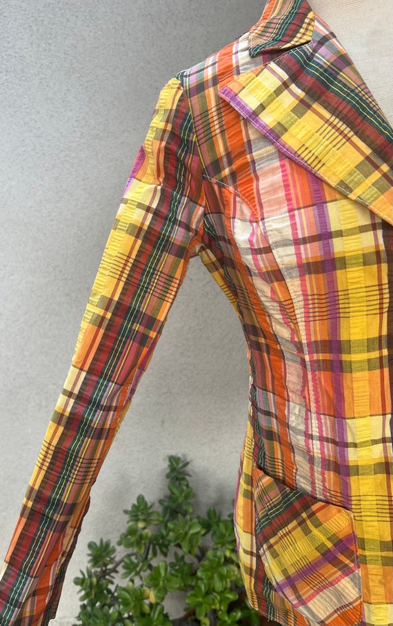 Vintage 70s Seersucker Blazer Jacket Yellow Brown Orange Plaid Sz 