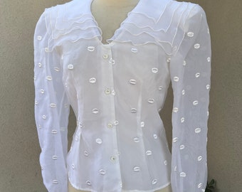 Vintage sheer white blouse embroidered Sz 6 Ann Hobbs Cattiva I Magnin