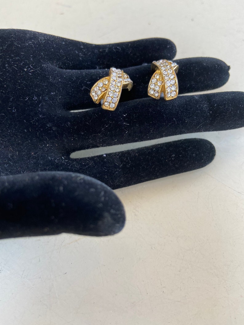 Vintage elegant Gold tone clear rhinestones X style earrings pierced 3/4 x 1/4 image 5