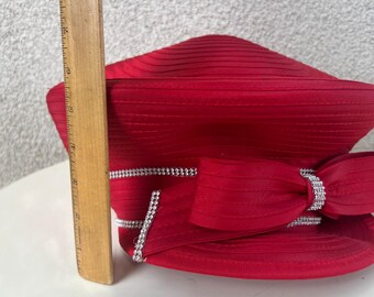 Vintage Pierra Millinery Red Bucket Hat: Rhinestone Bow Trim  display picture 3