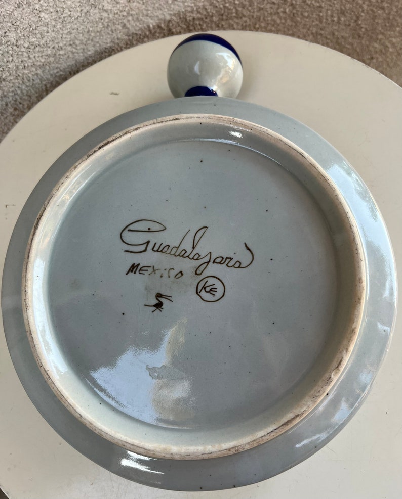 Vintage Ken Edwards large pottery soup bowl with handle blue flower accents size 8.5 x 3.5 image 8