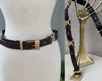 Vintage 80s brown faux leather belt gold X accents Sz M/L by TY