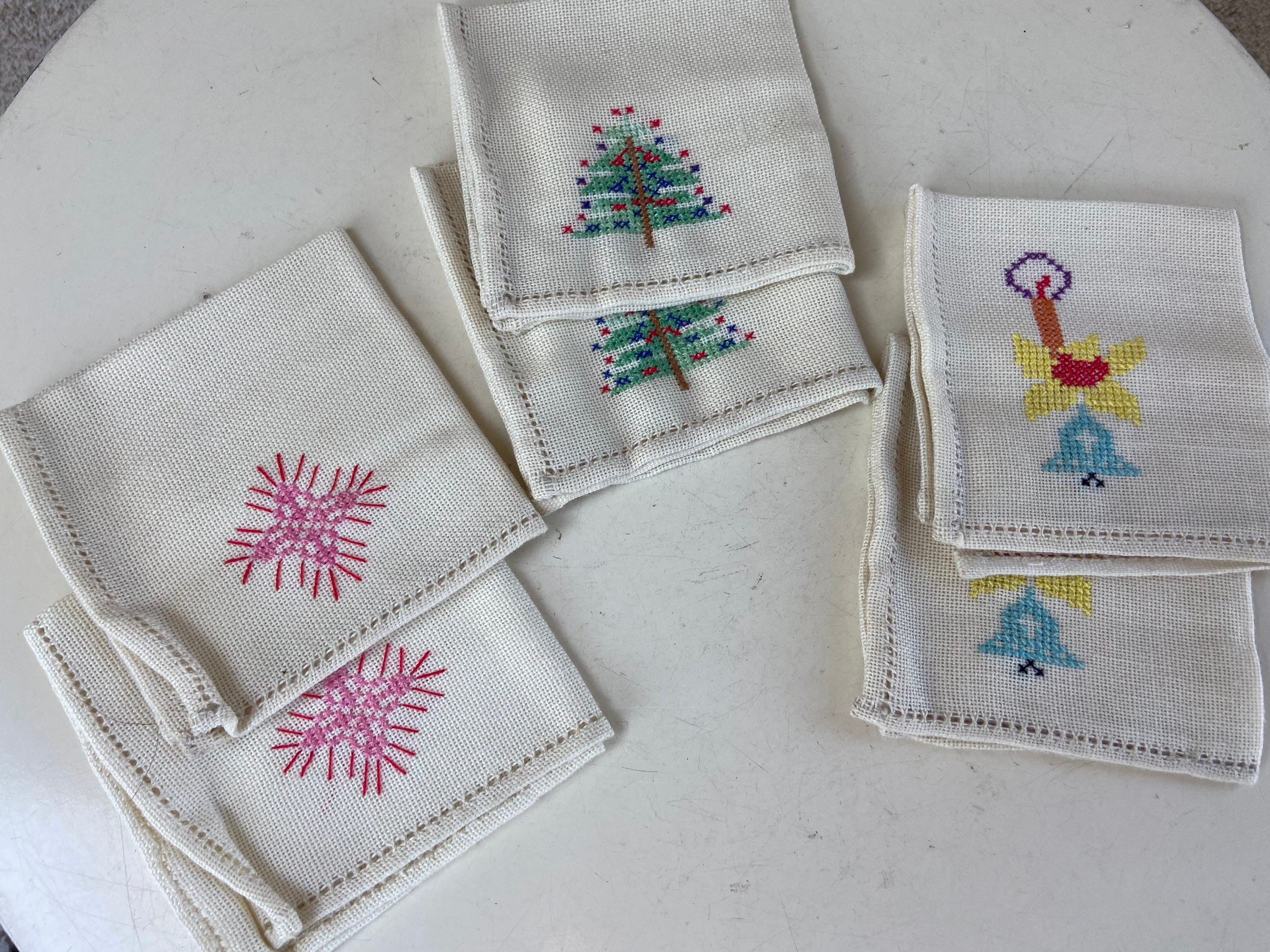 ナプキン 6枚セット テーブルリネン クリスマス 刺繍 ヴィンテージ クリスマス ニードルポイント ティーナプキン - 6枚