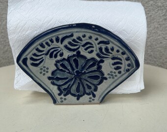 Vintage boho Mexican terracotta pottery petite size napkin holder blues theme