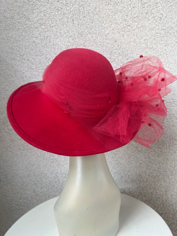 Vintage formal hat brim boater red wool felt with… - image 9