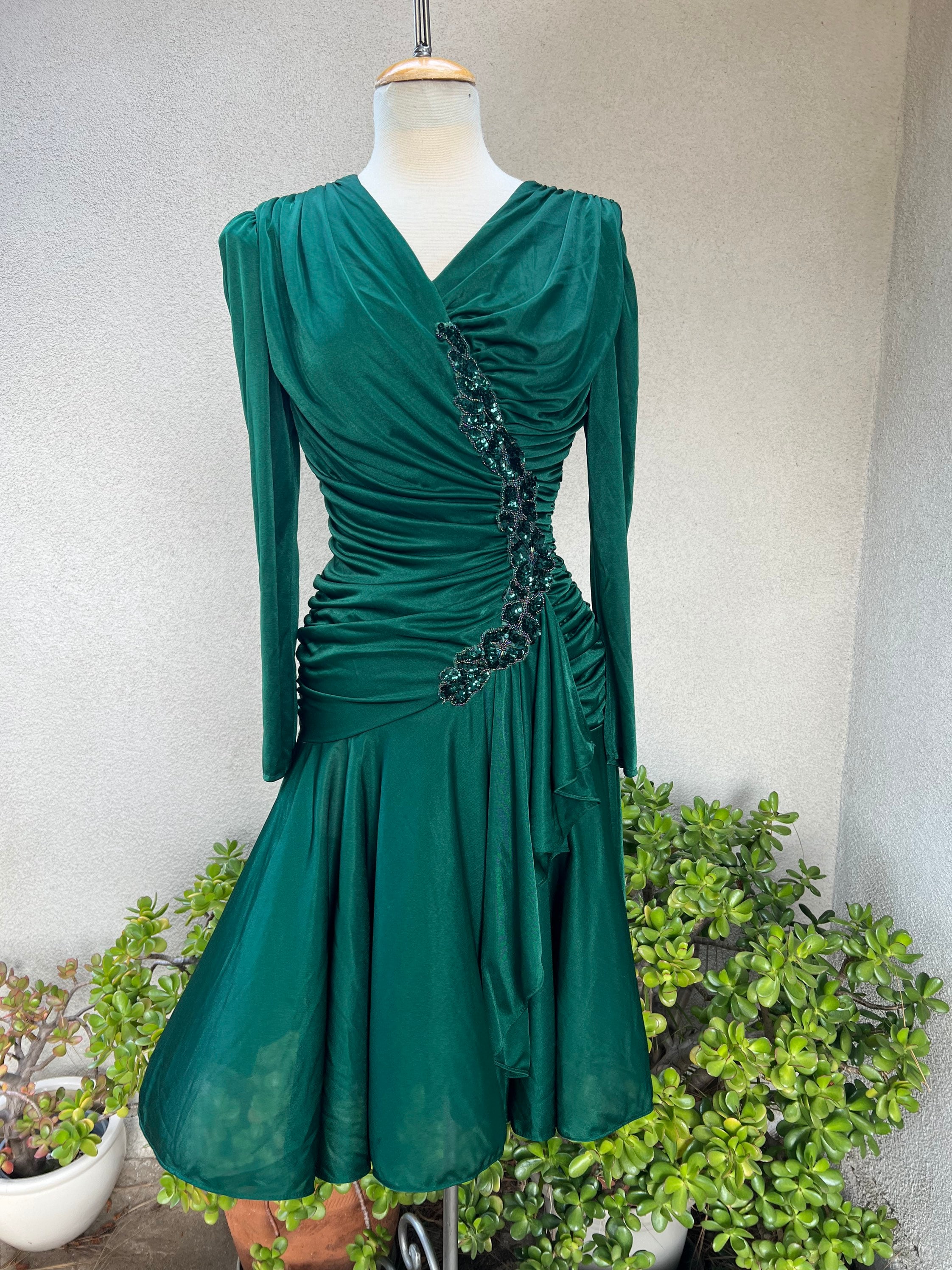Vintage Disco 80s Ruched Emerald Green Dress Sequins Floral