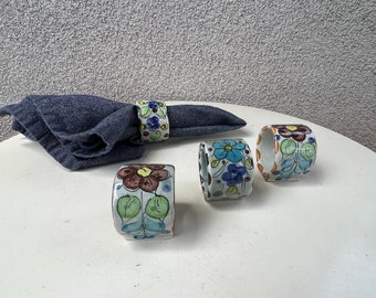 Vintage boho Mexican ceramic napkin rings set 4