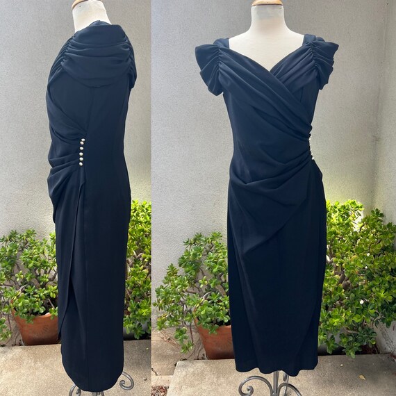 Vintage 1970s midi black dress ruched bodice Pear… - image 1