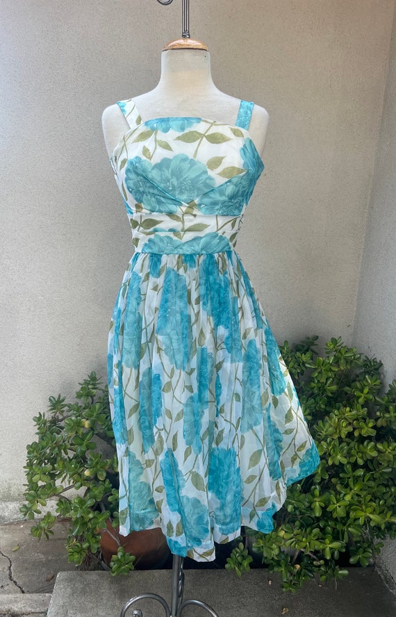 Vintage 60s chiffon party dress midi blue floral sz XS