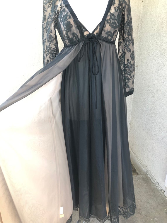 Vintage black nude Peignoir long lingerie set lac… - image 9