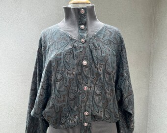 Vintage taupe grey blue paisley print bomber style fabric jacket Sz Medium by The Knit Studio