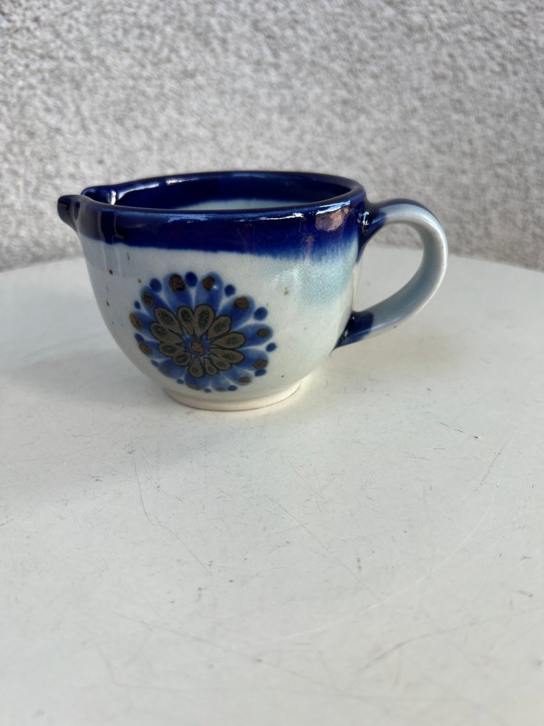 Vintage Mexican pottery small creamer pitcher floral blues grey by Ken Edwards size 3 image 2