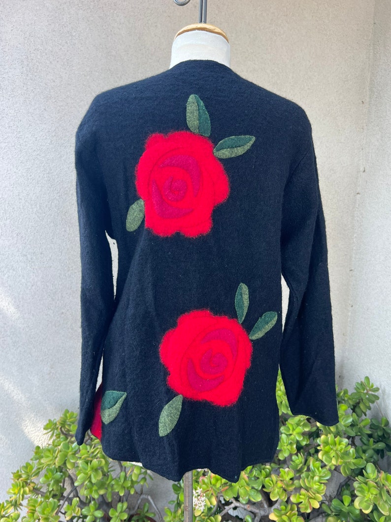 Vintage Susan Bristol boho wool cardigan black with red flowers Sz S image 2