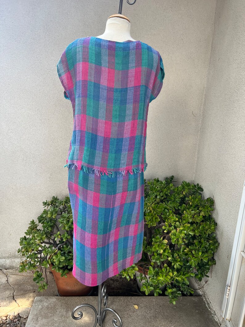 Vintage 80s skirt top set checkers green blue pink woven cotton Sz M Jo Hardin Dallas image 2