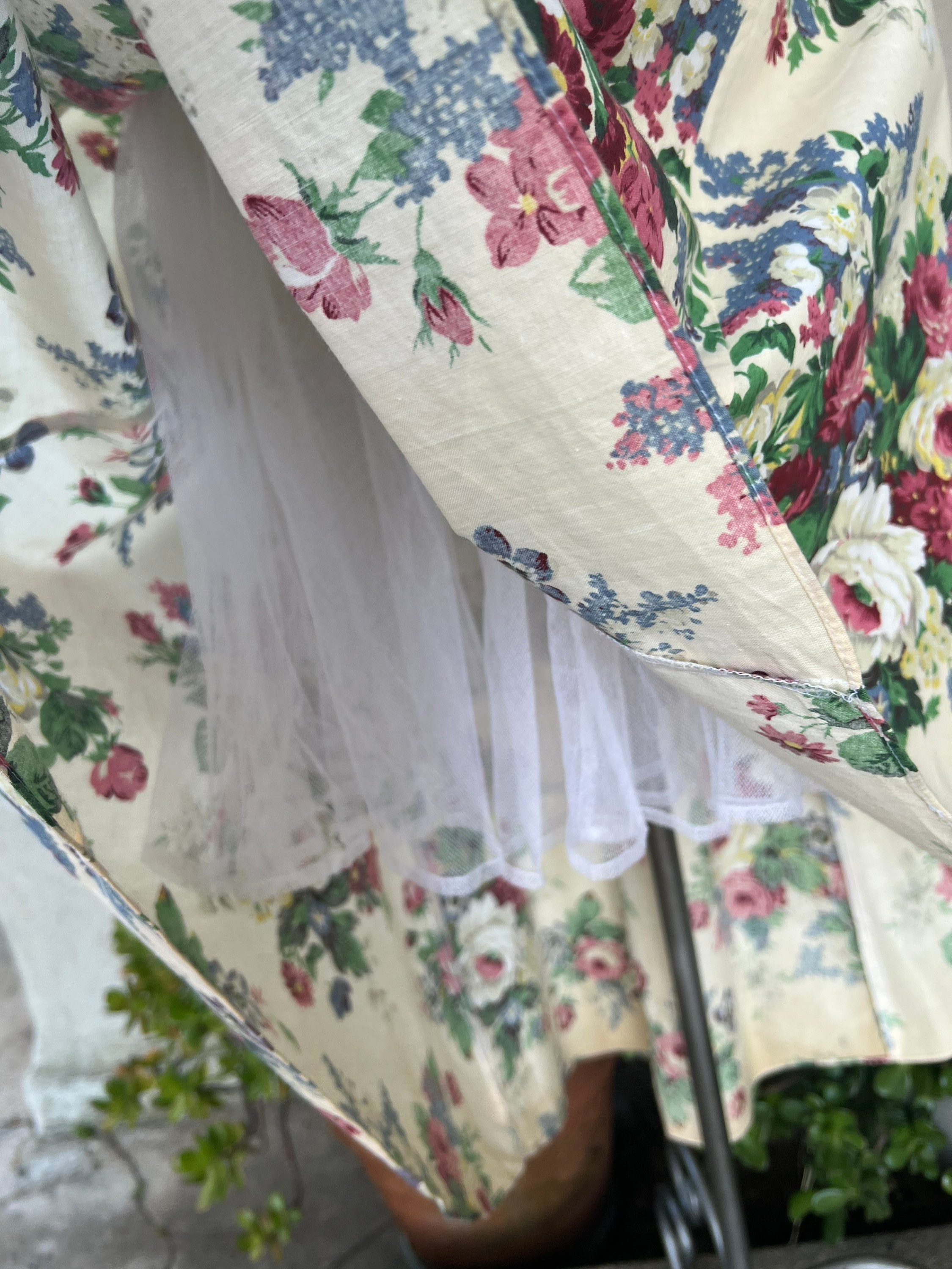 Vintage 80s Boho Colorful Cotton Cream Floral Dress With
