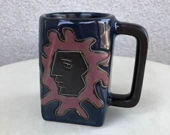 Vintage Mara Design made in Mexico coffee pottery mug sun moon theme dark colors holds 10 ozs