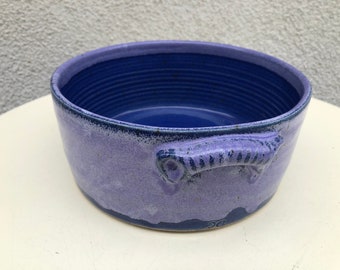 Vintage modern stoneware pottery casserole bowl yummy purple blue tones stamped DC 7.5”