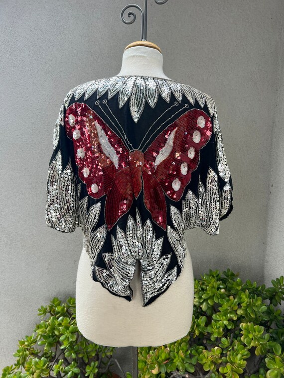 Vintage glam sequins butterfly top silver black r… - image 2