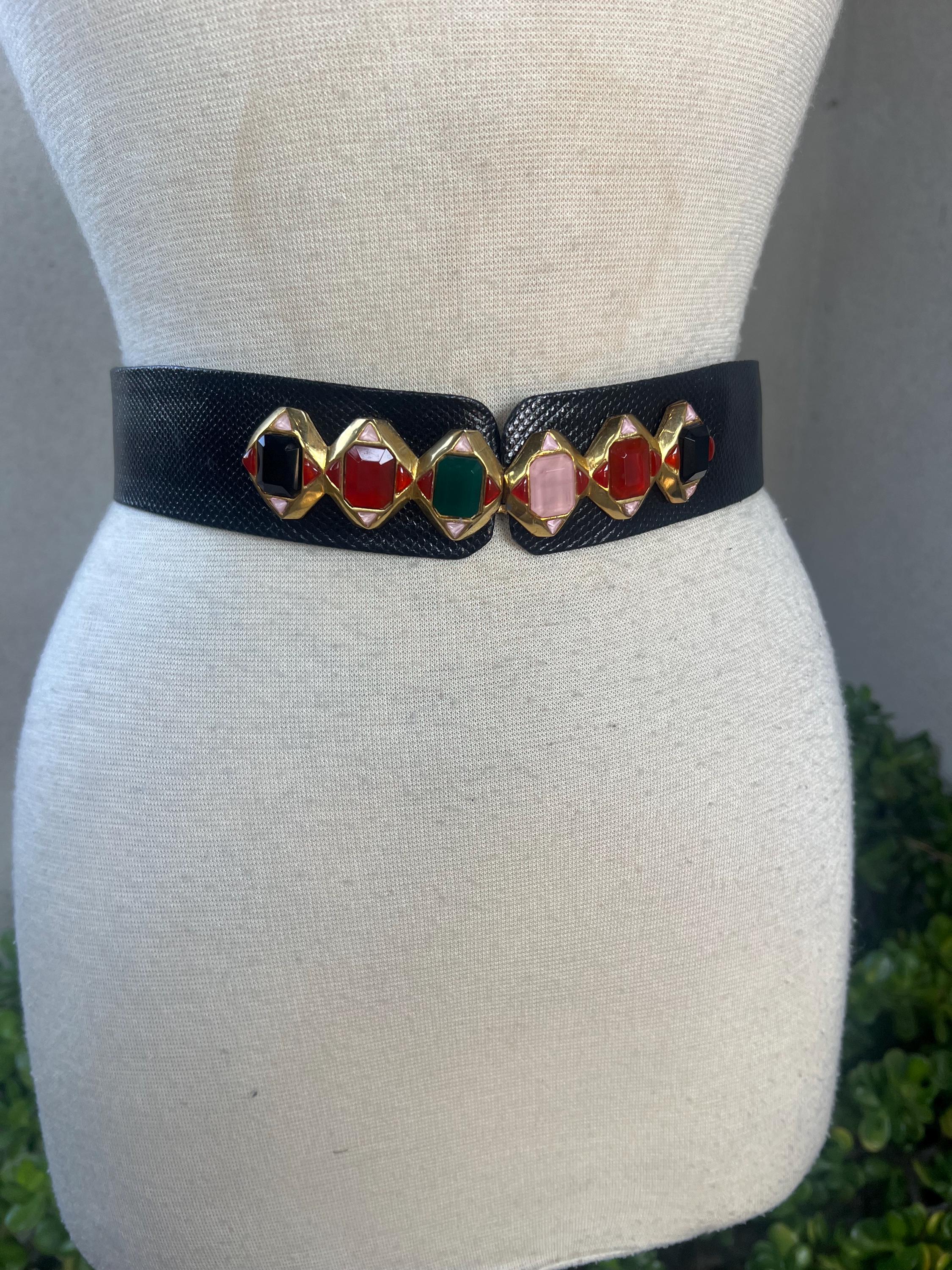 Vintage Judith Leiber Black Leather Belt: Cabochon Stones  display picture 2