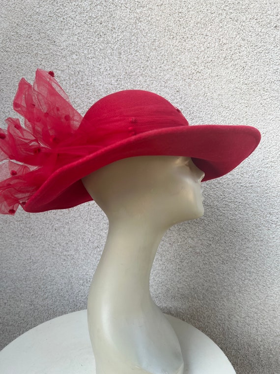 Vintage formal hat brim boater red wool felt with… - image 3