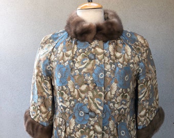 Vintage elegant floral blues browns brocade evening jacket fur mink trim collar cuffs by Michael Novarese sz S/M