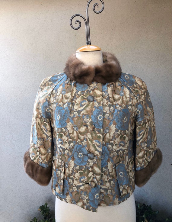 Vintage elegant floral blues browns brocade eveni… - image 1