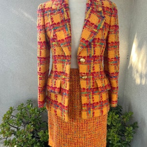 Vintage 80s suit skirt & blazer by Anne Klein orange red plaid tweed knobby mohair wool size 6 image 3