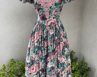 Vintage Jessica McClintock Bridal pattern green pink floral dress attached petticoat Sz XS