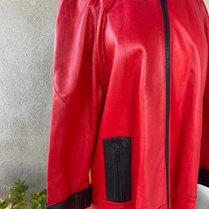 Vintage 80s color block red black soft leather swing coat lined zipper pockets front Sz M by Helen Frushtick Furs Atlanta image 7