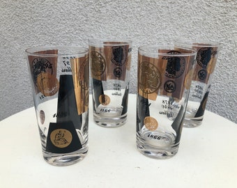 Vintage MCM barware cocktails Coin black and gold Cera tall tumblers glasses holds 10 oz size 5.5” x 2 3/4” set 4