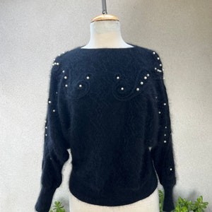 Vintage glam black angora wool pullover textured sweater with pearls embellishments S/M by Jessica California image 1