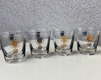 Vintage set 4 Cera small tumblers  glasses clear gold black US dollar coin pattern holds 6 oz. 3 1/4”