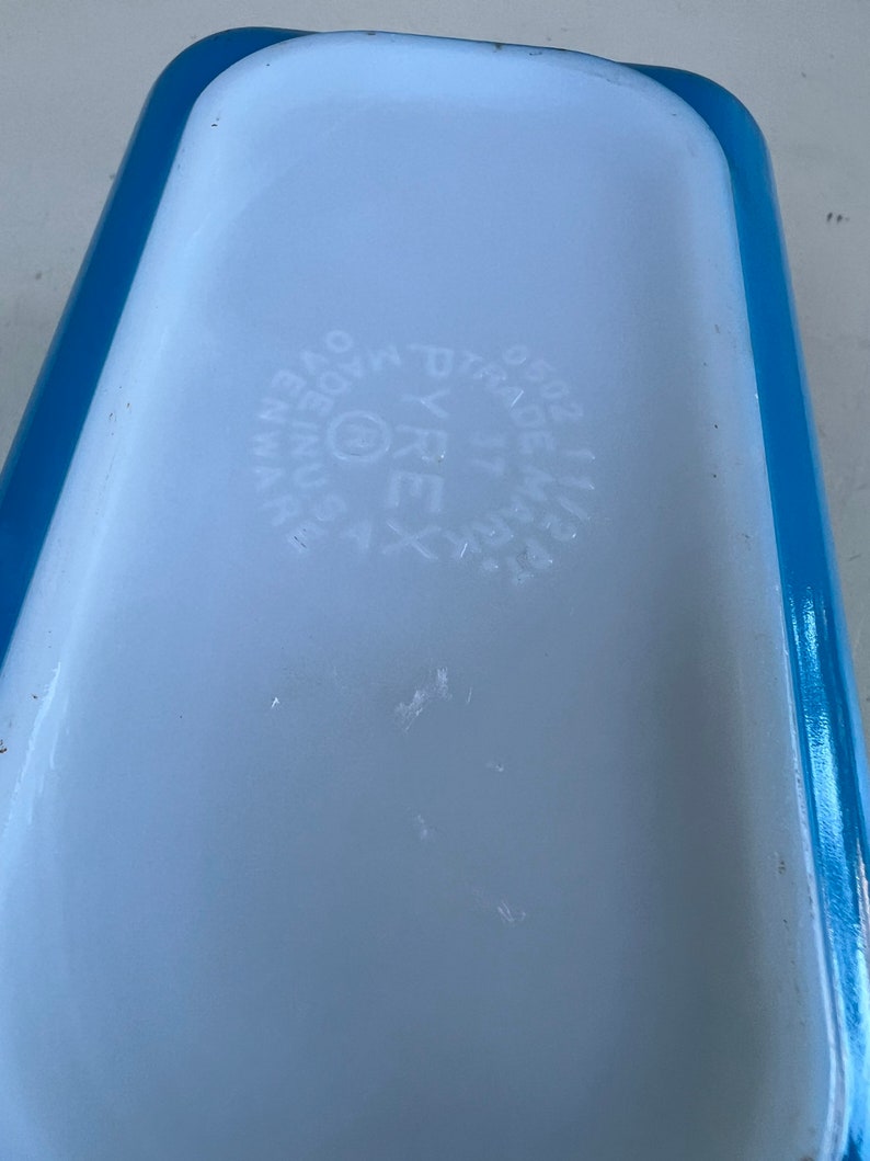 Vintage blue Pyrex small rectangular milk glass baking pan white snowflake 0502 1.5 pt image 8