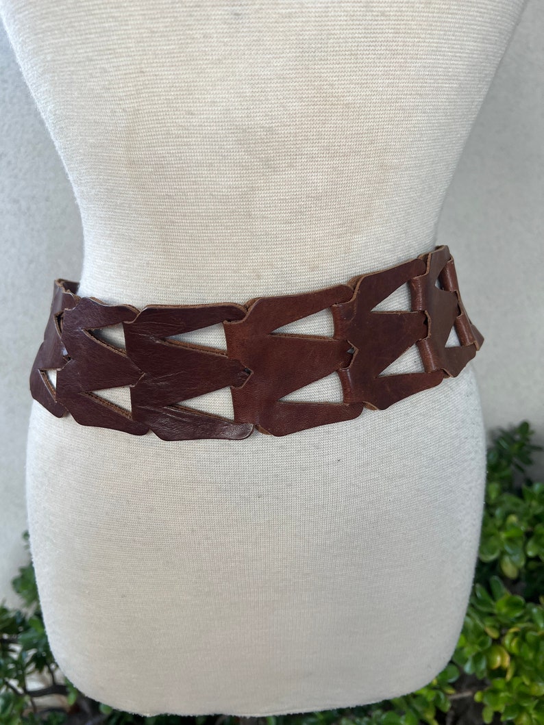 Vintage boho belt brown leather wide cutouts fits 31-35 L Streets Ahead image 3