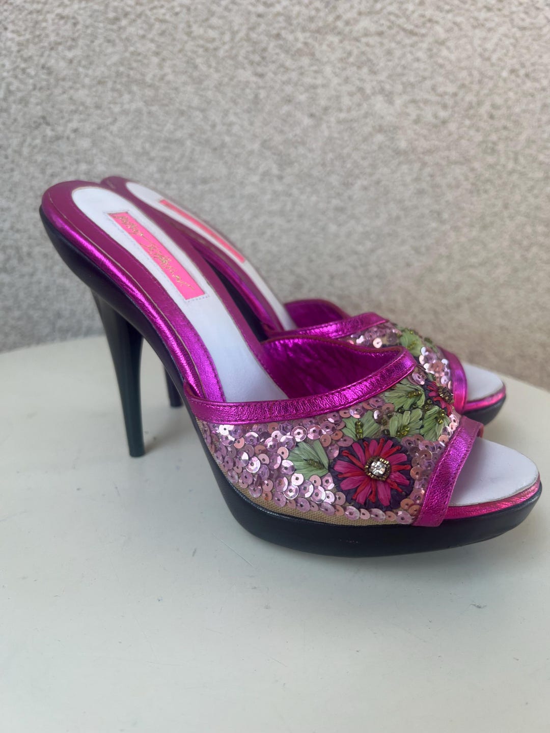 vintage-y2k-spike-heels-mules-shoes-raspberry-metallic-sequins-floral