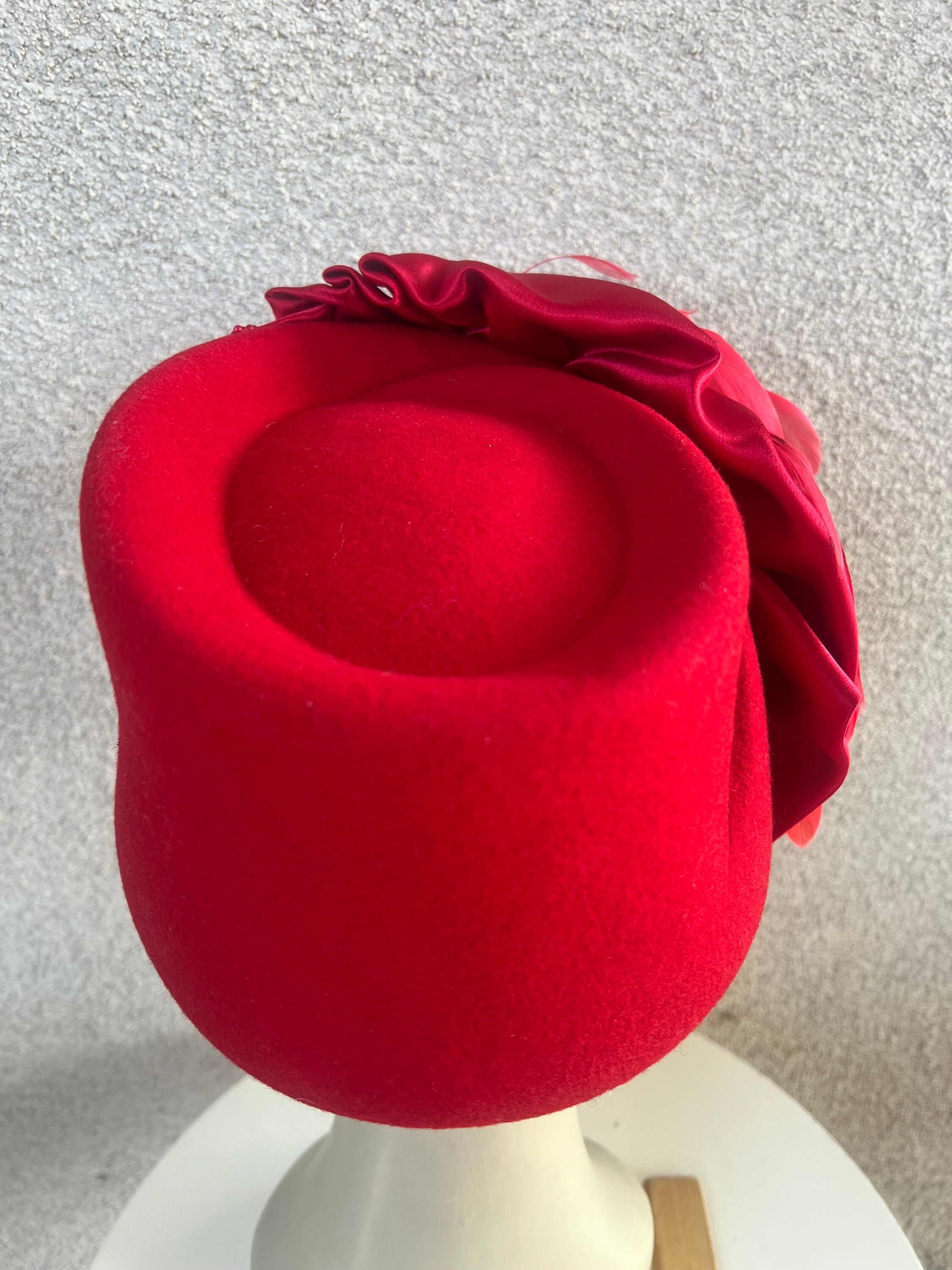 Vintage Red Pillbox Hat - Bold Red Wool Felt Vintage Red Pillbox Hat: Wool Felt, Beads, Feathers - Mr  main image 2