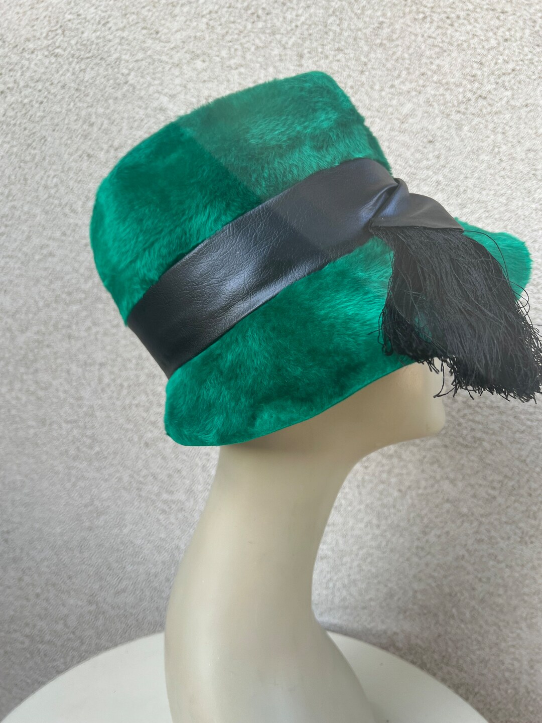 Vintage Forest Green Faux Fur Felt Bucket Hat Size 21.5  display picture 3