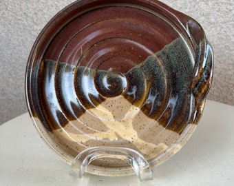 Vintage bohemian Studio art pottery small platter plate brown tones signed size 7.5” x 1 1/4”