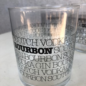 Vintage kitsch barware clear old fashions glasses set 4 black letters imprint Scotch Bourbon Gin Vodka by HBBZ Holds 10 oz image 5