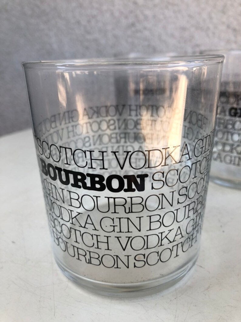 Vintage kitsch barware clear old fashions glasses set 4 black letters imprint Scotch Bourbon Gin Vodka by HBBZ Holds 10 oz image 5